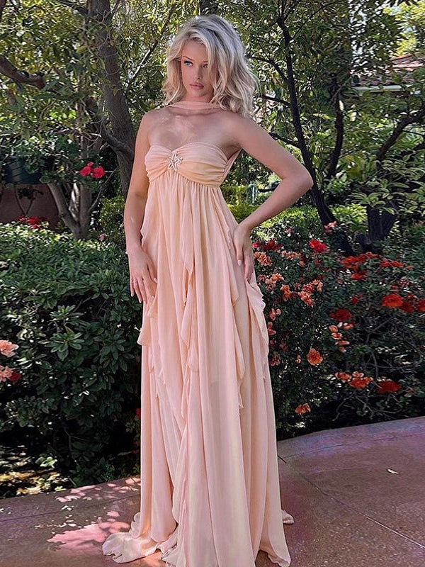 Star Applique Halter Tube Ruffle Slit Maxi Dress