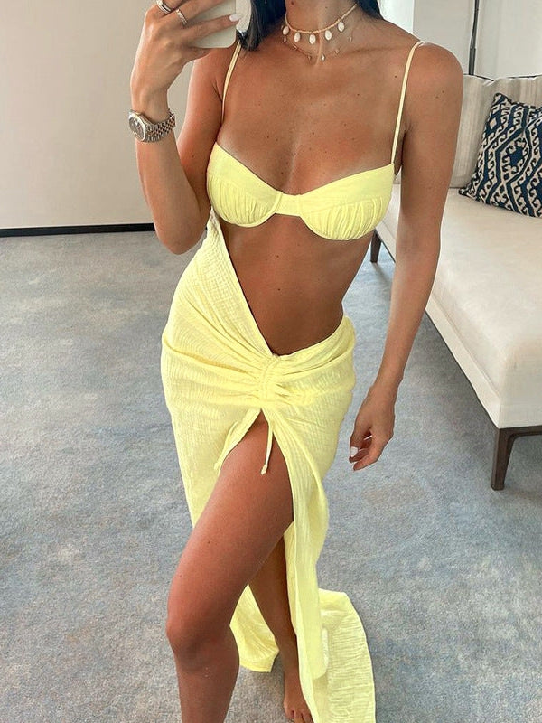 Yellow Spaghetti Strap Drawstring High Split Dress