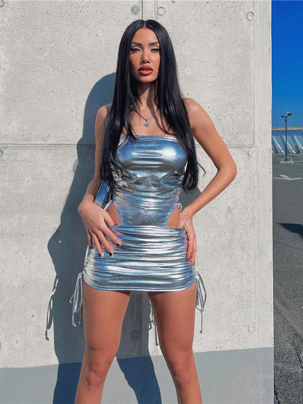 Metallic Tube Top & Drawstring Ruffle Hip Skirt Set