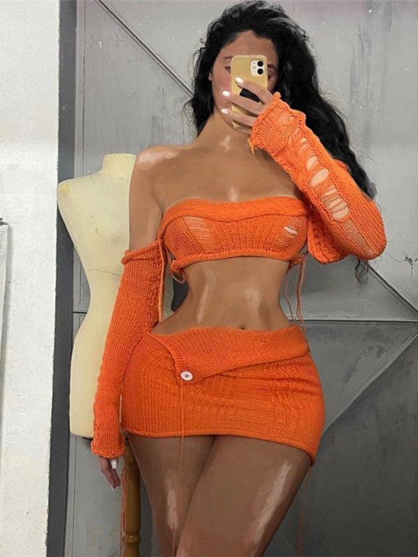 Knitted Crop Tube Top & Tassel Asymmetric Skirt Set