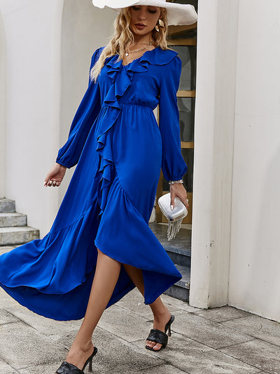 Ruffles V Neck Slit Dress