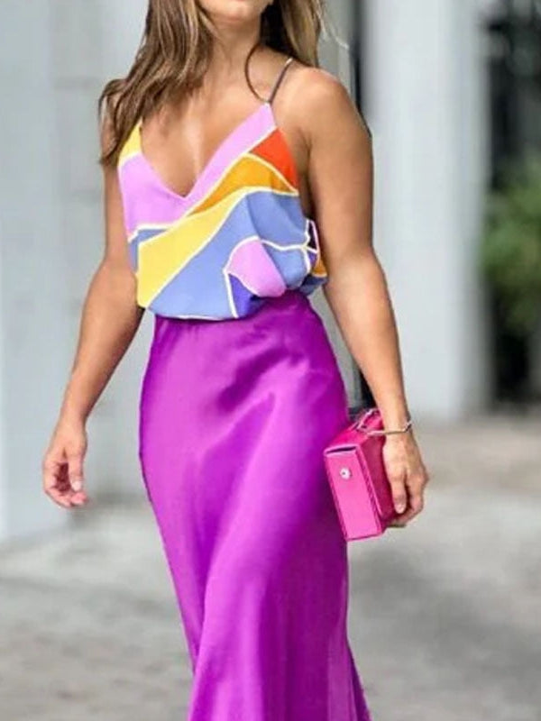 Printed V Neck Sleeveless Top & Skirt Coord Set