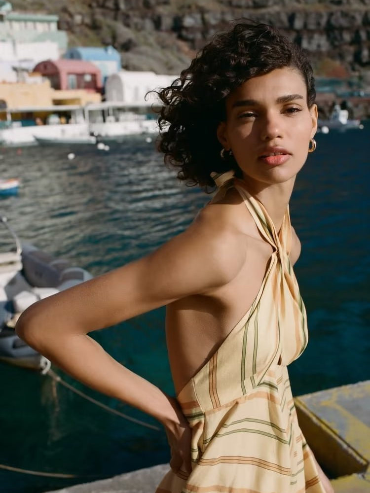 Striped Linen Blended Short Dress