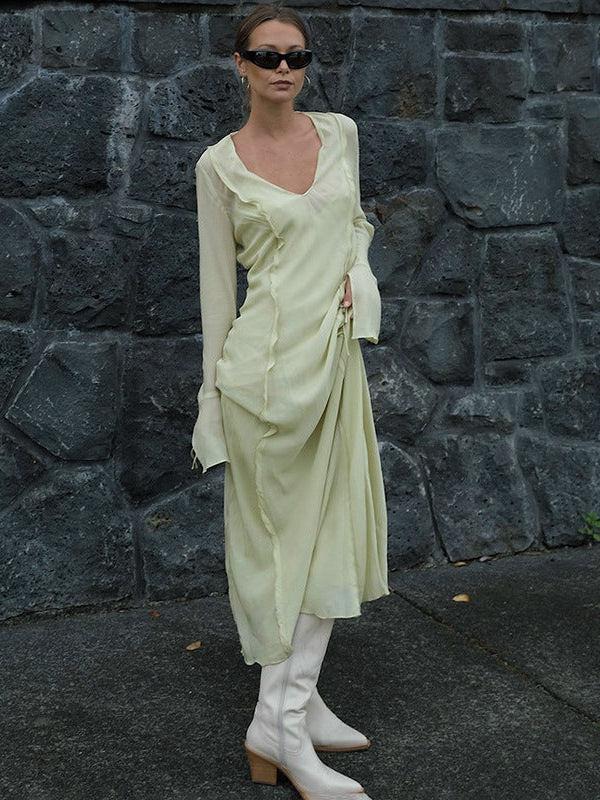 Low Cut Bell Sleeve Lace Long Mesh Dress