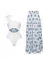 Evil Eye Print Ruffle One Shoulder Swimsuit & Skirt Coord Set