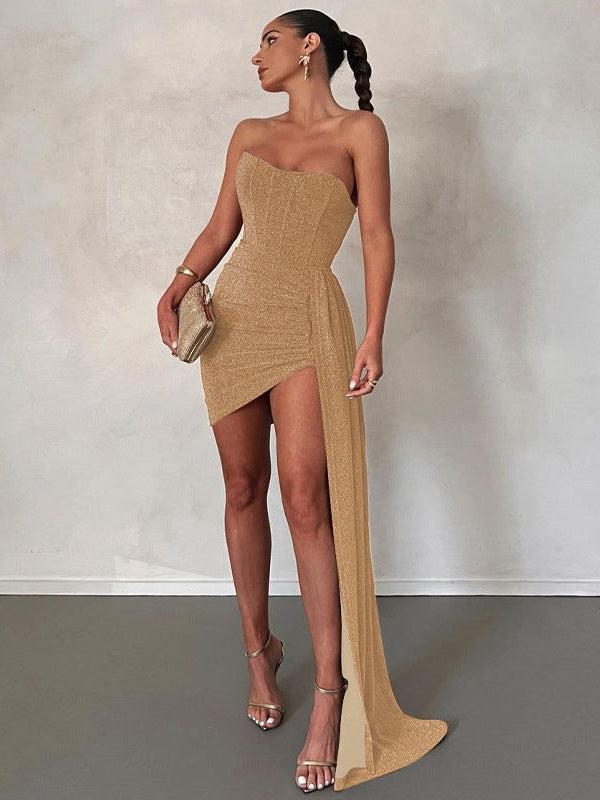 Ruched Boning Tube Bandeau Short Shimmer Dress