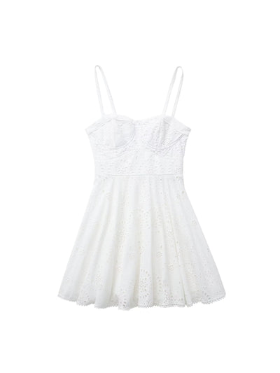 White Crochet High Waist A Line Dress