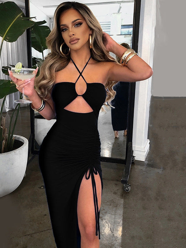 Hollow Out Cutout Halterneck Backless Split Dress
