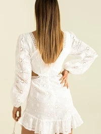 V Neck Eyelet Embroidery Dress