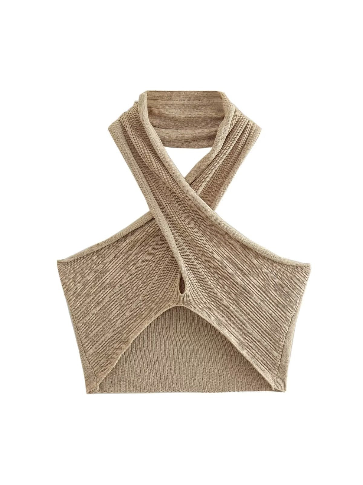 Khaki Halterneck Top & Asymmetric Knitting Skirt Set