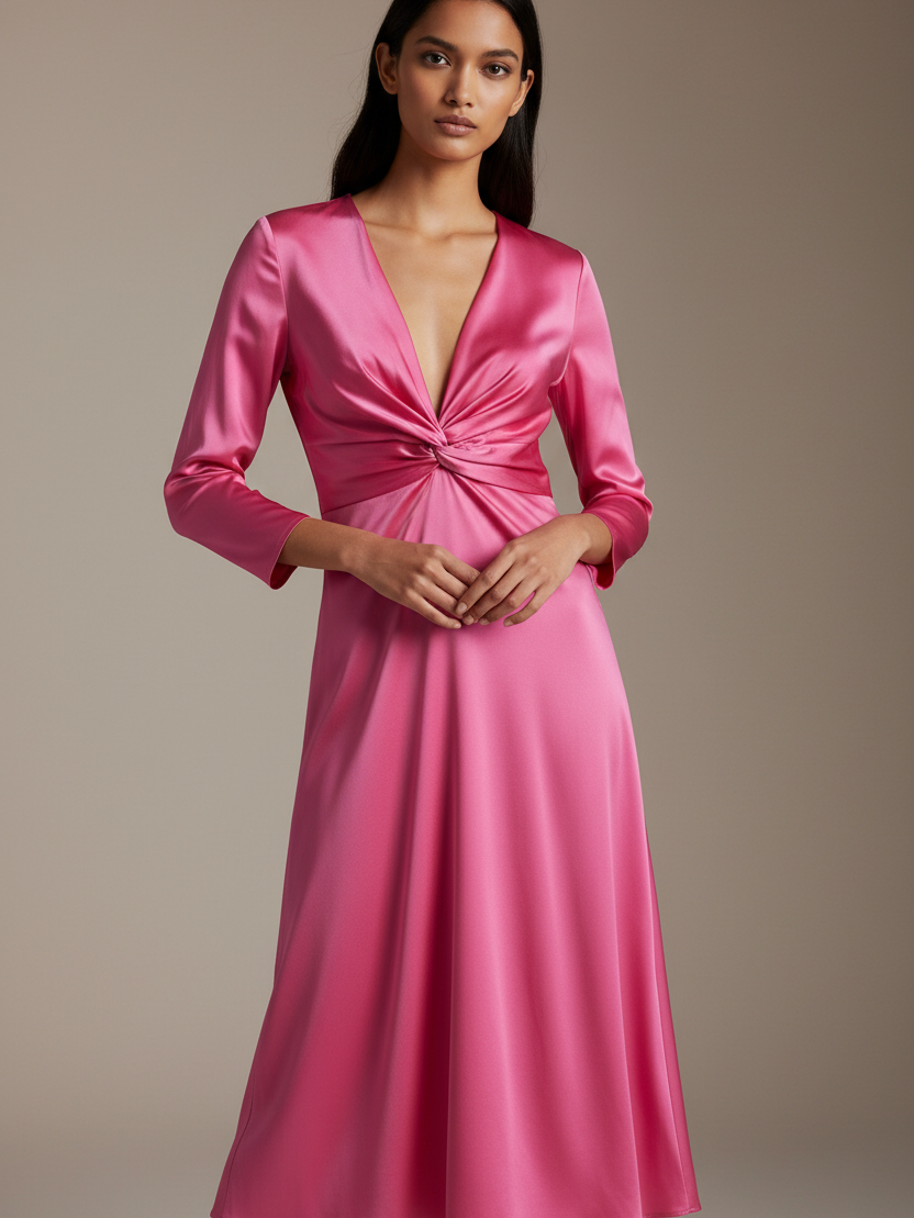 V Neck Silk Forged Texture Bow Tie Elastic Sleeve Dress in pink