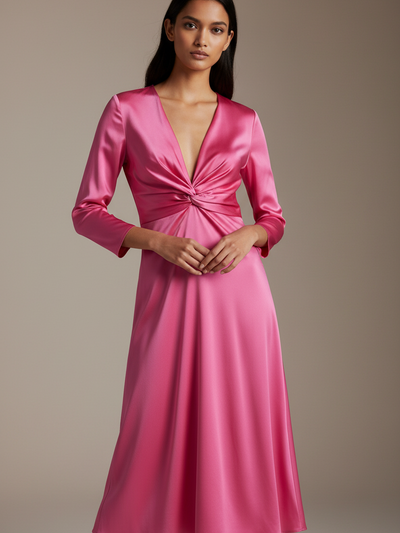 V Neck Silk Forged Texture Bow Tie Elastic Sleeve Dress in pink