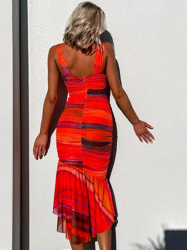 Tie & Dye V Neck Backless Frill Dress