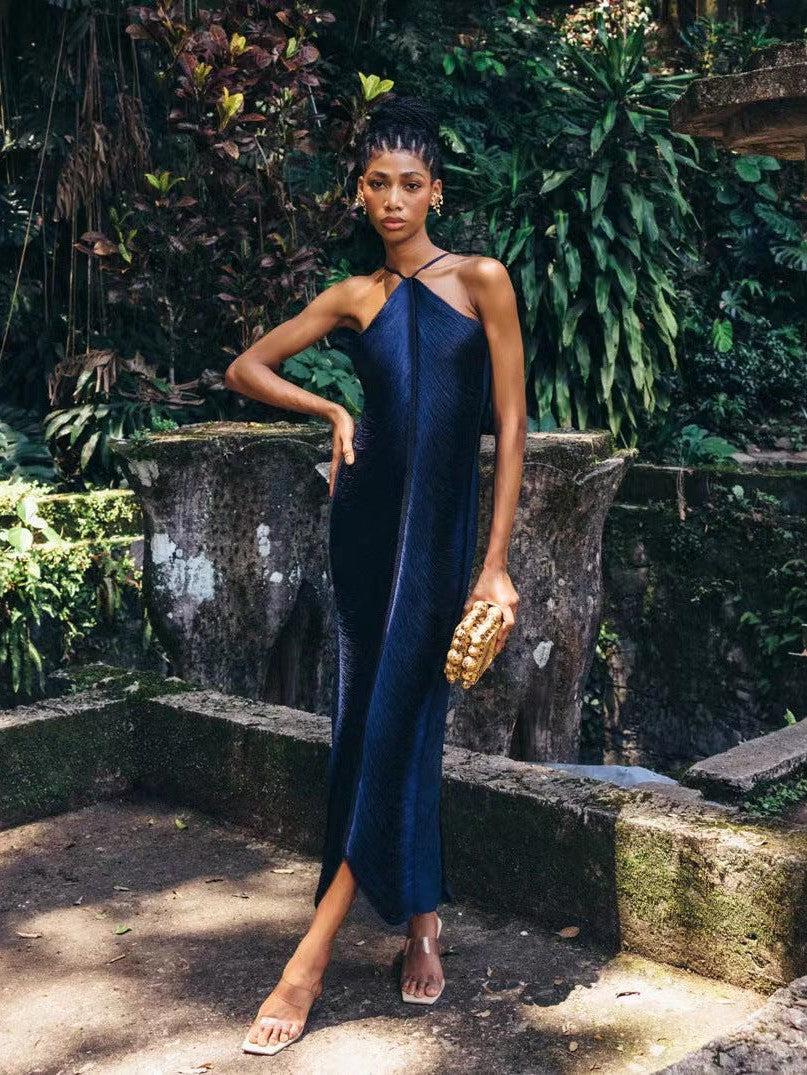 Halterneck Tassel Fringe Back Slit Maxi Dress-Exclusive