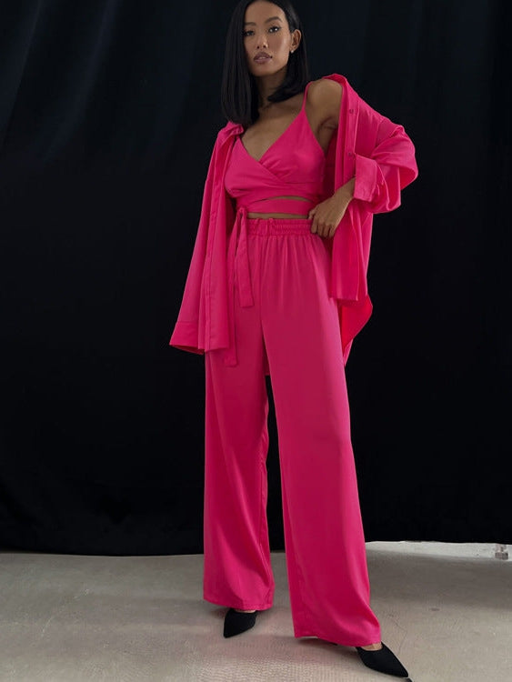 Pink Full Sleeve Shirt & Vest Top with Wide Leg Pants 3 Piece Coord Set