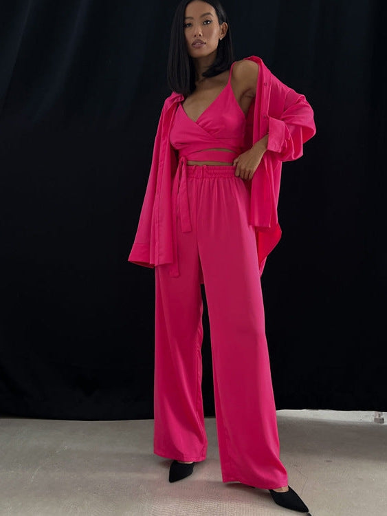 Pink Full Sleeve Shirt & Vest Top with Wide Leg Pants 3 Piece Coord Se