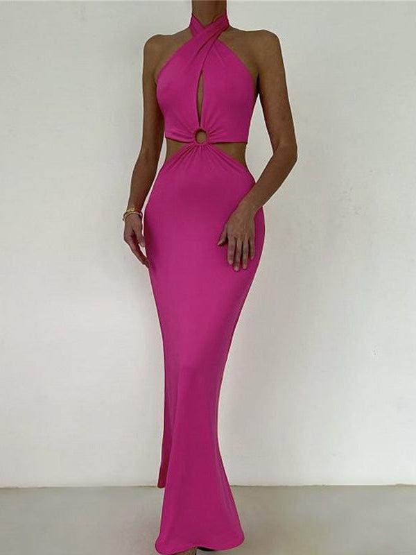 Halterneck Cutout Backless Strap Maxi Dress