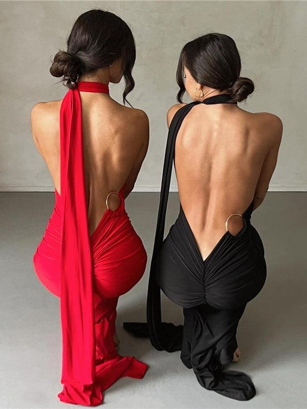 One Shoulder Backless Ruched Maxi Dress