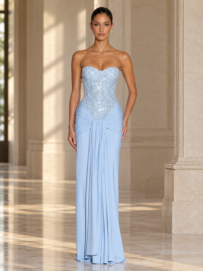 Ophelia Corset Maxi Dress by EXCLUSIVES, light blue sequined strapless bodice with a draped floor-length skirt.