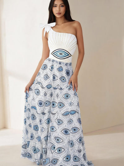 Swimwears Evil Eye print one-shoulder bikini with bow and matching eye-pattern skirt