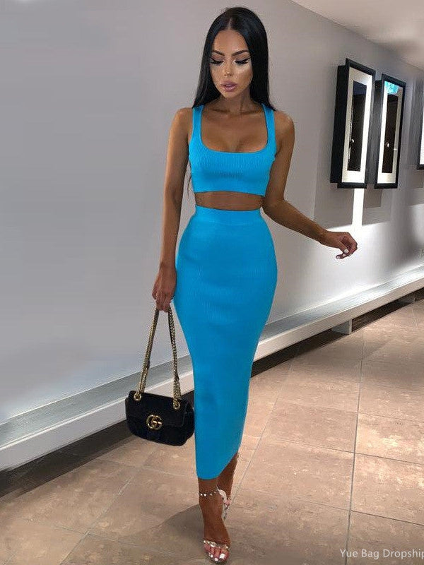 Ribbed Sleeves Crop & Skirt Coord Set