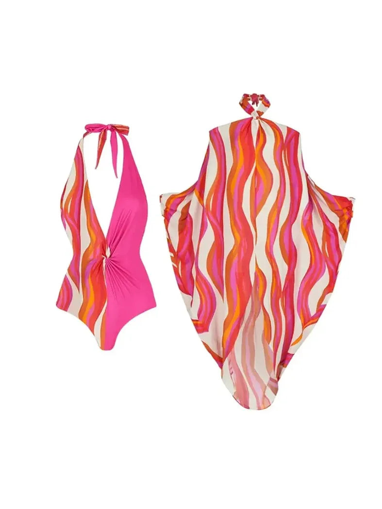 Halterneck Bikini Swimsuit Set With Cover up Dress