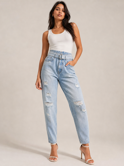 Blue belted high-waist denim pants by Exclusives, distressed ripped details, on sale