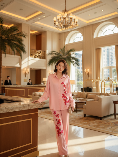 Pink Flower Print Shirt & Pants Coord Set