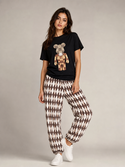 Print M O T-Shirt & Pants Coord Set, 2-piece by Branded; black tee with teddy bear graphic and brown check pants.