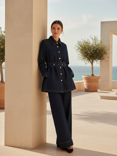 Denim Long Jacket Top & Pants coord Set