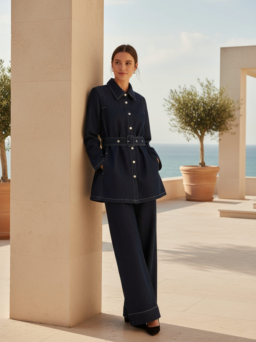 Denim Long Jacket Top & Pants coord Set