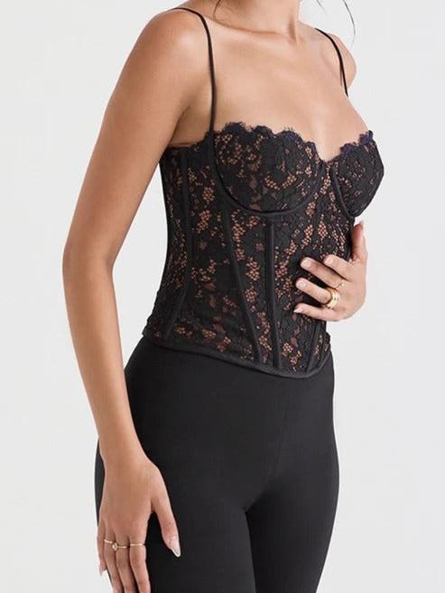 Midnight Muse Lace Corset Top, black lace bustier with thin spaghetti straps on a model