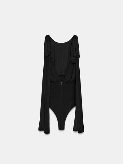 City Sleek Black Bodysuit with long cape-like draped sleeves