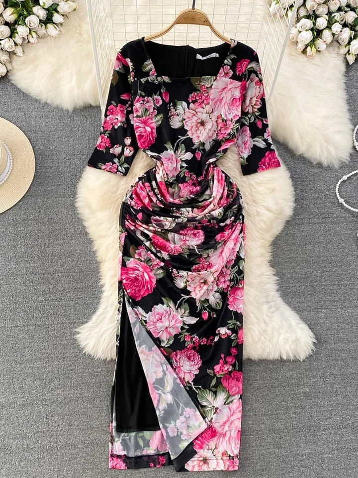 Floral Print Mesh Tulle Dress