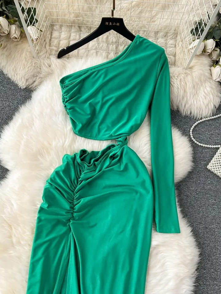One Shoulder Cutout High Split Maxi Dress