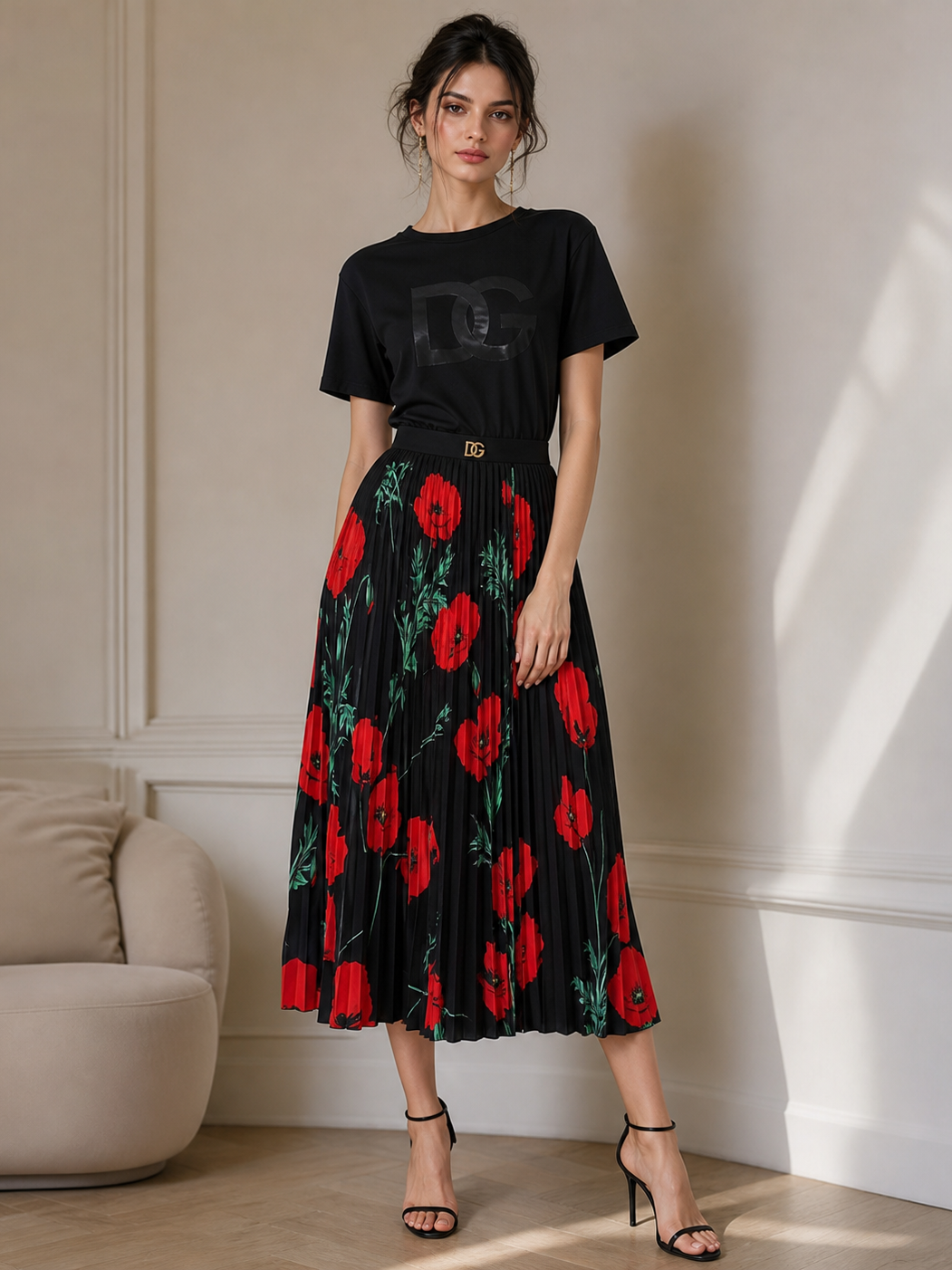 Print DG T-Shirt & Floral Skirt Coord Set: black DG-logo tee with a pleated black skirt featuring red floral print.