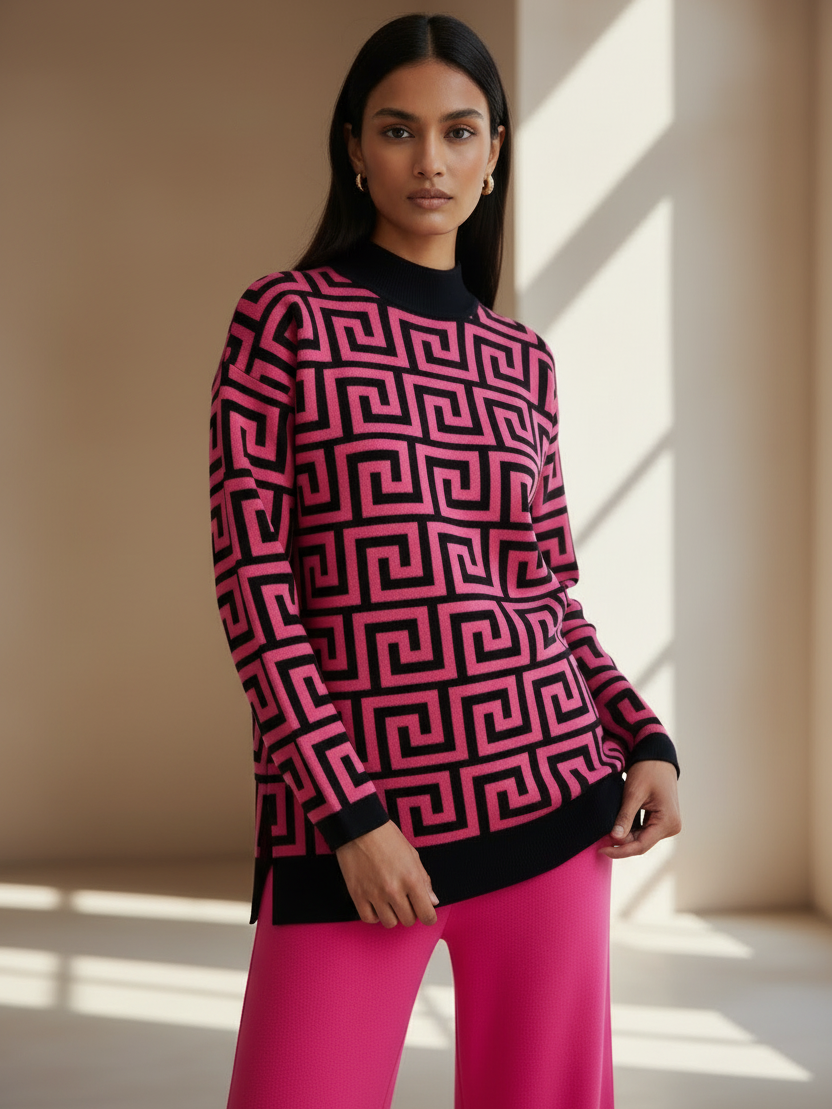 Print High Neck Oversized Sweater Coord Set by Branded in pink and black geometric pattern