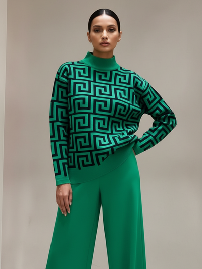 Print high-neck oversized sweater coord set in green with black geometric pattern and matching green pants.