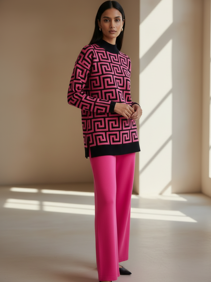 Print High Neck Oversized Sweater Coord Set with pink and black geometric print top and bright pink wide-leg pants.