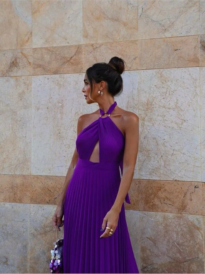 Halterneck Pleated Hollow out Purple Dress