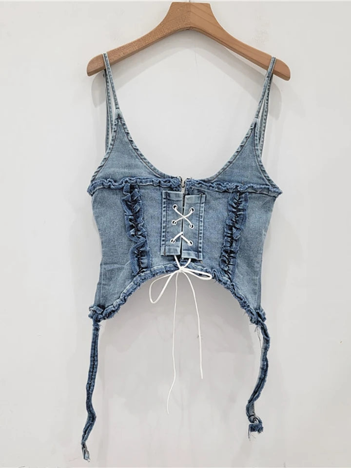 Lace up Spaghetti Strap denim top