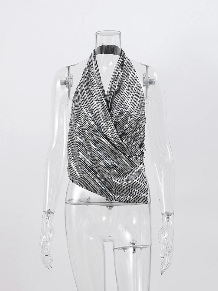 Silver Sequins Halterneck Cross Wrap Top