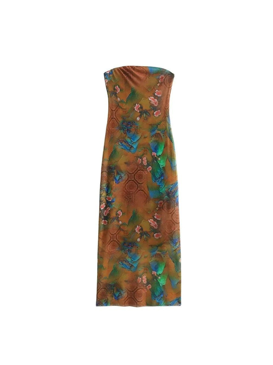 Strapless brown mesh tube dress with teal, green and pink floral print.