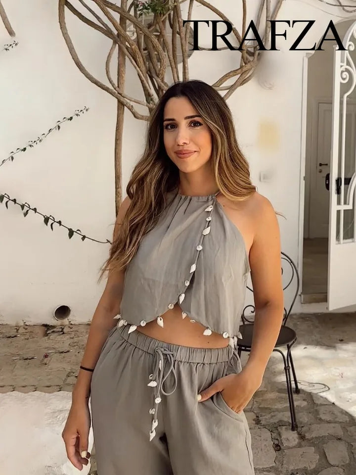 Halterneck Sleeveless Beads Detail Top and Pant Coord Set