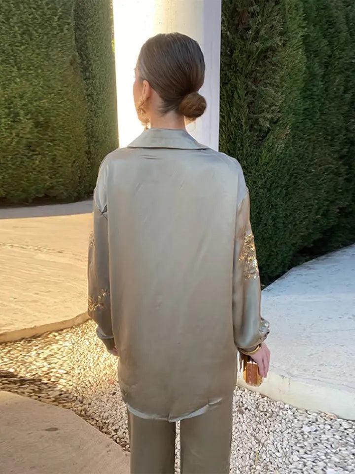 Embroidered Sequin Shirt & Pants Coord Set