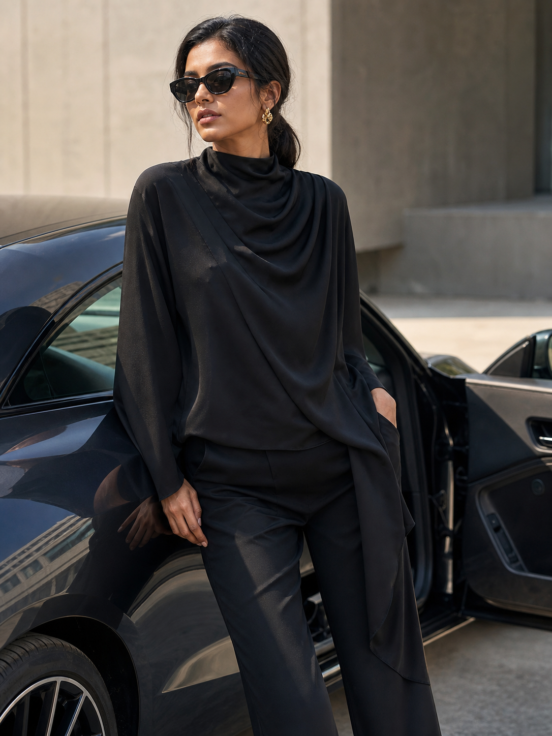 Asymmetric Drape Satin Top, black satin blouse with elegant drape and relaxed fit