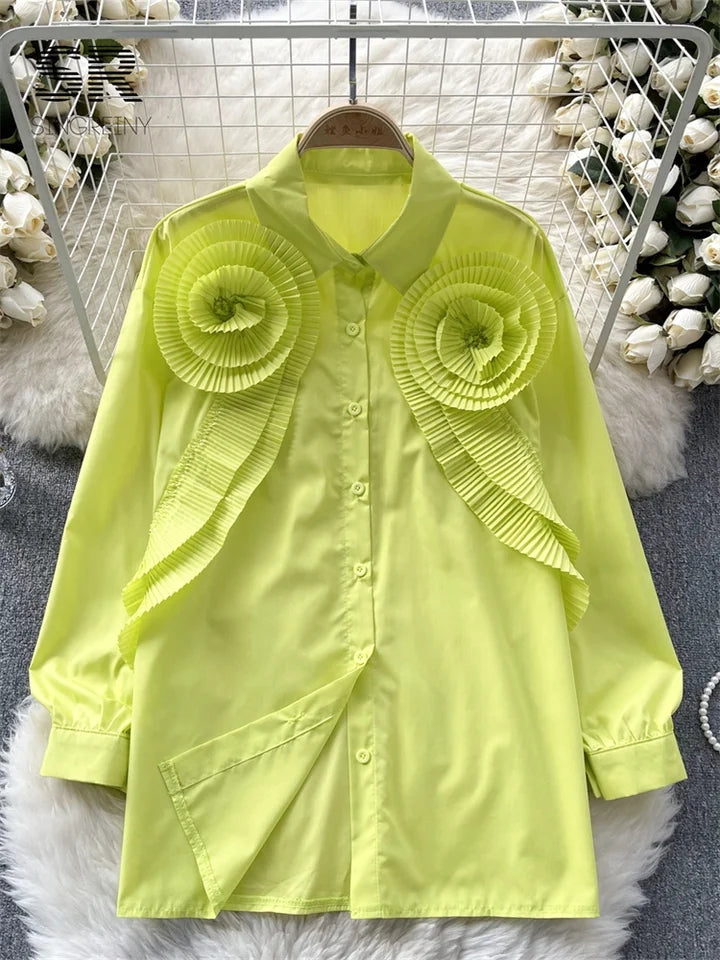 Ruffles Pleated Flower Patch Long Shirt