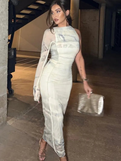 One Shoulder Ruched Mesh Tulle Dress