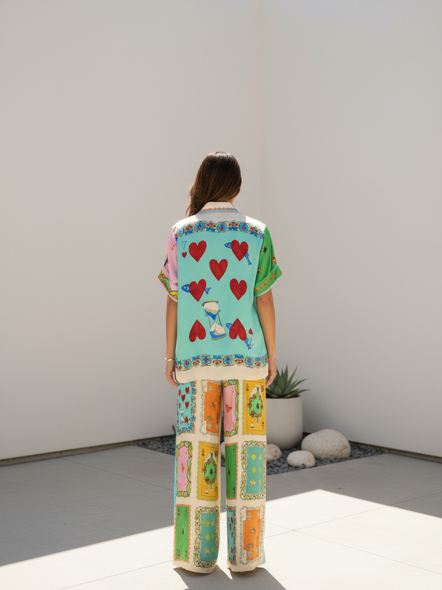 Summer Cards Heart Print Shirt & Pants Coord Set