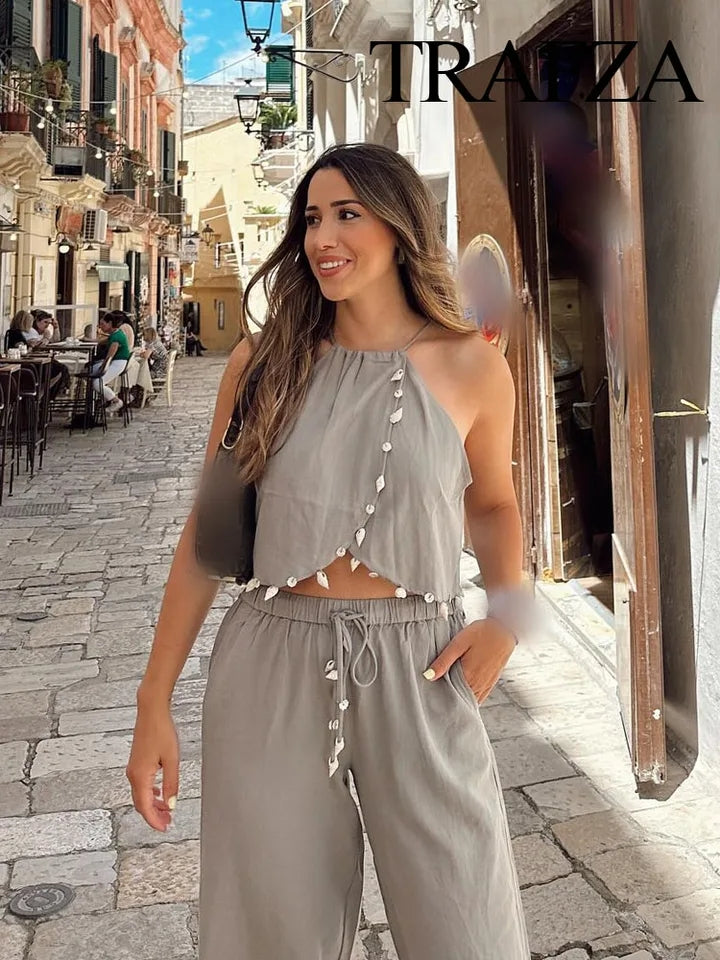 Halterneck Sleeveless Beads Detail Top and Pant Coord Set